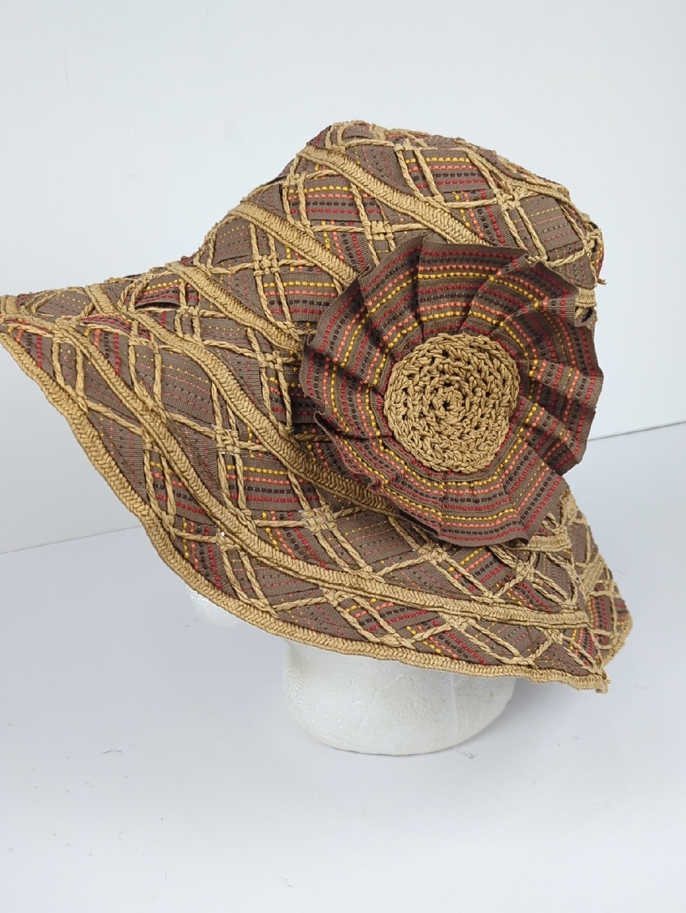 Cynthia Rowley Brown and Gold Braided Sun Hat with Floral Accent